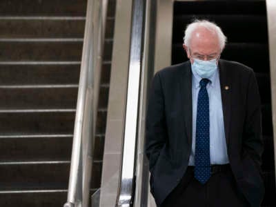 Sen. Bernie Sanders walks through the Senate subway following a vote at the U.S. Capitol on February 2, 2021, in Washington, D.C.