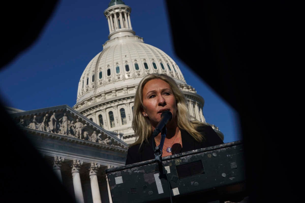 Rep. Marjorie Taylor Greene speaks during a press conference outside the U.S. Capitol on February 5, 2021, in Washington, D.C.