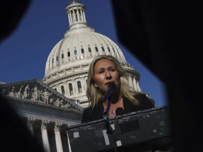 Rep. Marjorie Taylor Greene speaks during a press conference outside the U.S. Capitol on February 5, 2021, in Washington, D.C.