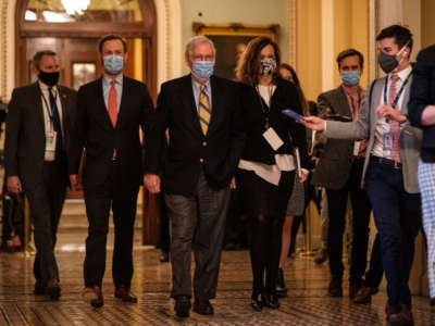 Senate Minority Leader Mitch McConnell (R-Kentucky) walks to his office in the U.S. Capitol Building on Saturday, February 13, 2021, in Washington, D.C. By a vote of 57 to 43, the Senate acquitted former President Donald Trump.