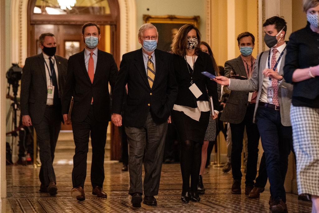 Senate Minority Leader Mitch McConnell (R-Kentucky) walks to his office in the U.S. Capitol Building on Saturday, February 13, 2021, in Washington, D.C. By a vote of 57 to 43, the Senate acquitted former President Donald Trump.