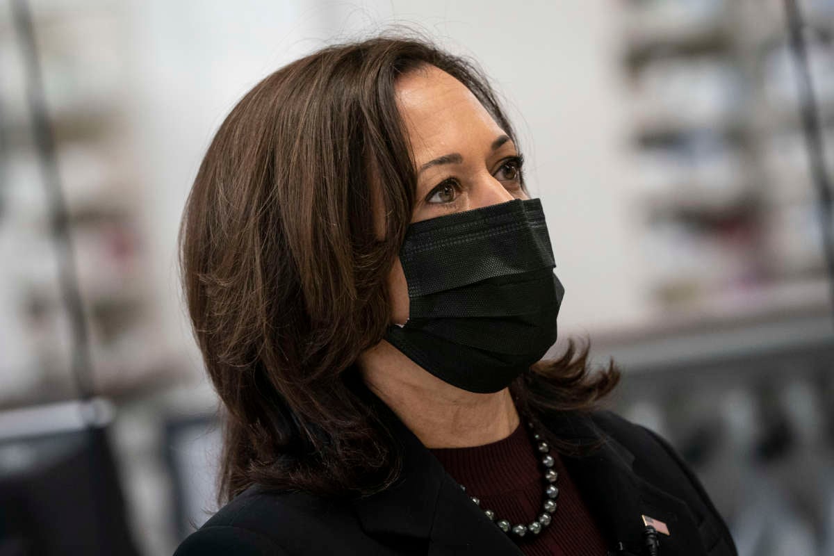 Vice President Kamala Harris visits the pharmacy of a Giant Food grocery store to promote the Biden administration's Federal Retail Pharmacy Program for COVID-19 vaccination on February 25, 2021, in Washington, D.C.