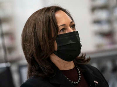 Vice President Kamala Harris visits the pharmacy of a Giant Food grocery store to promote the Biden administration's Federal Retail Pharmacy Program for COVID-19 vaccination on February 25, 2021, in Washington, D.C.