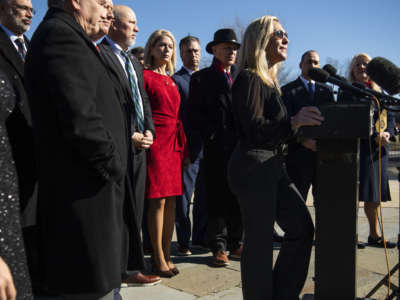 Rep. Marjorie Taylor Greene and members of the House Freedom Caucus conduct a news conference outside the Capitol to oppose the Equality Act, which prohibits discrimination on the basis of sex, gender identity, and sexual orientation, on February 25, 2021.