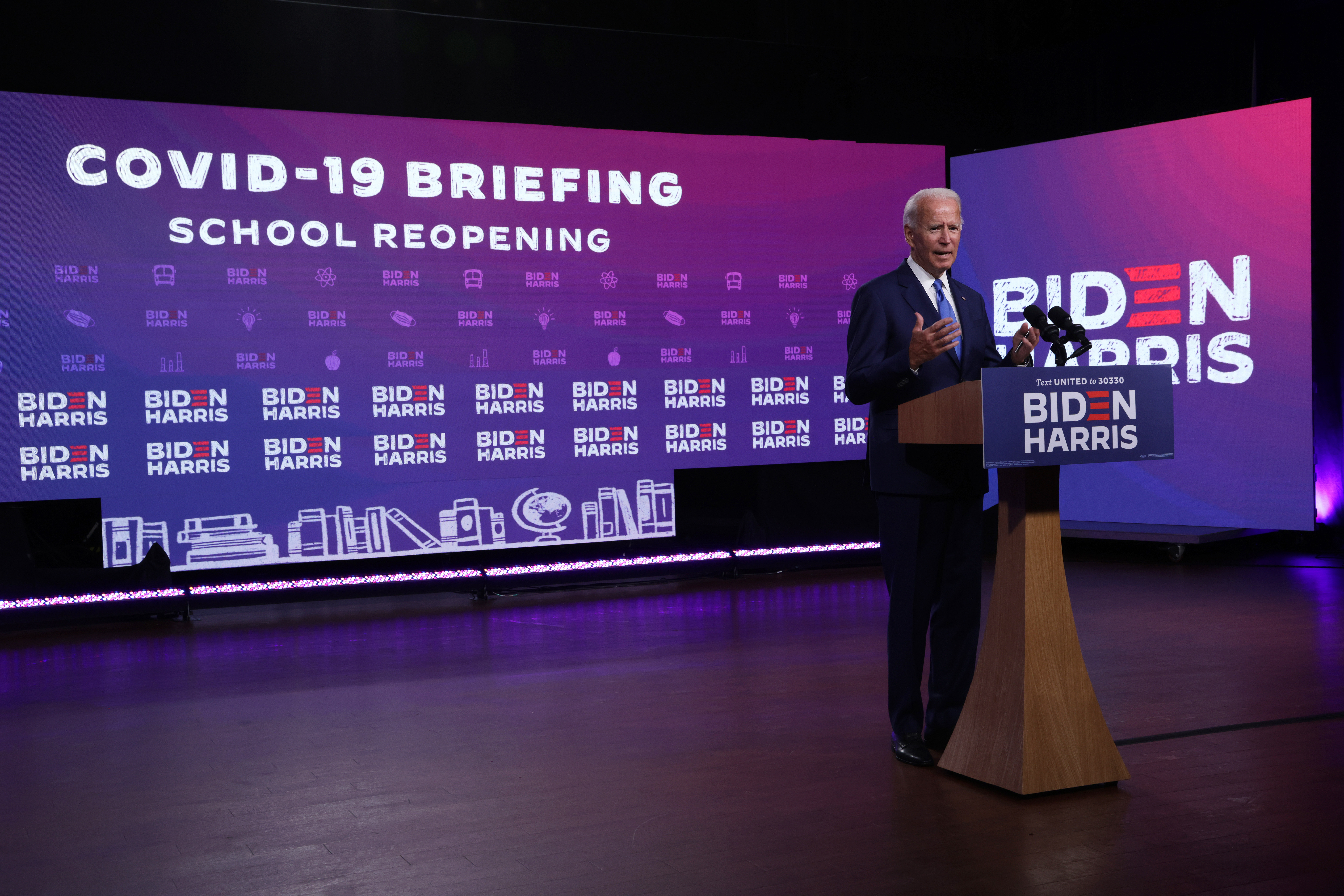 Joe Biden speaks on the coronavirus pandemic during a campaign event September 2, 2020, in Wilmington, Delaware.