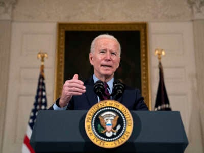 President Joe Biden delivers remarks on the national economy and the need for his administration's proposed $1.9 trillion coronavirus relief legislation in the State Dining Room at the White House on February 5, 2021, in Washington, D.C.