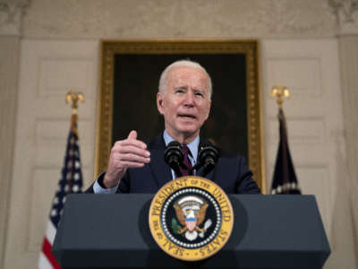 President Joe Biden delivers remarks on the national economy and the need for his administration's proposed $1.9 trillion coronavirus relief legislation in the State Dining Room at the White House on February 5, 2021, in Washington, D.C.