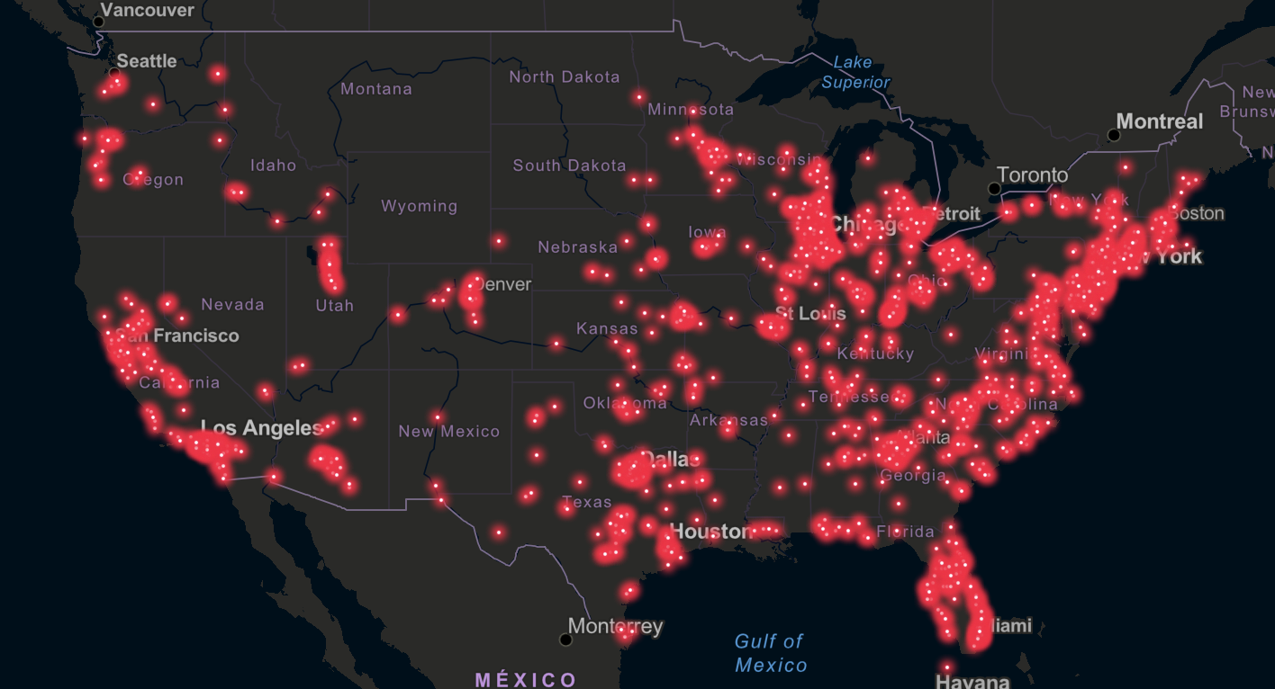 A map of police partnerships with Ring in the United States. Clicking the map will bring you to an interactive version.