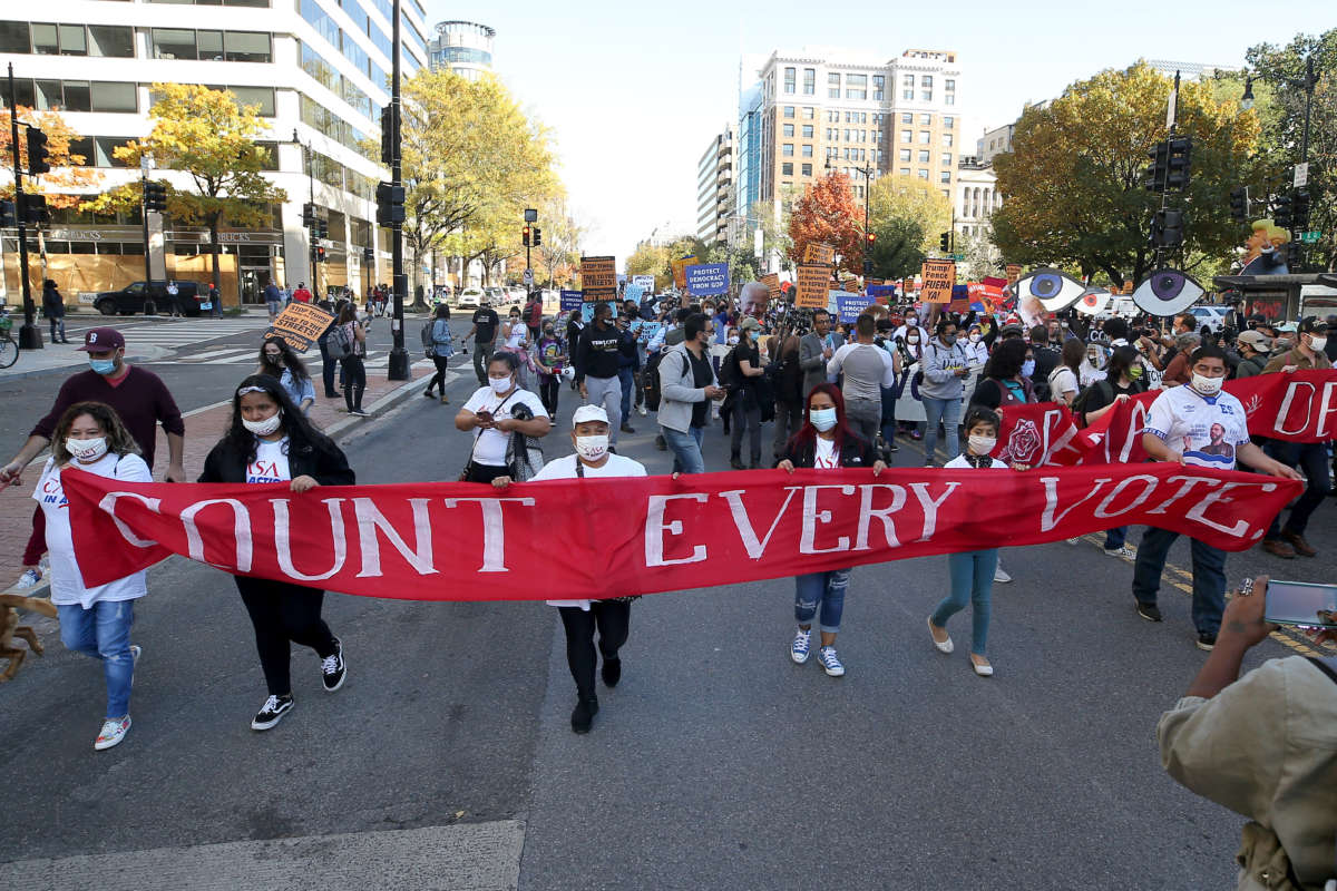 Citizens stage a march for a fair vote count in the presidential election in Washington, D.C., on November 6, 2020.