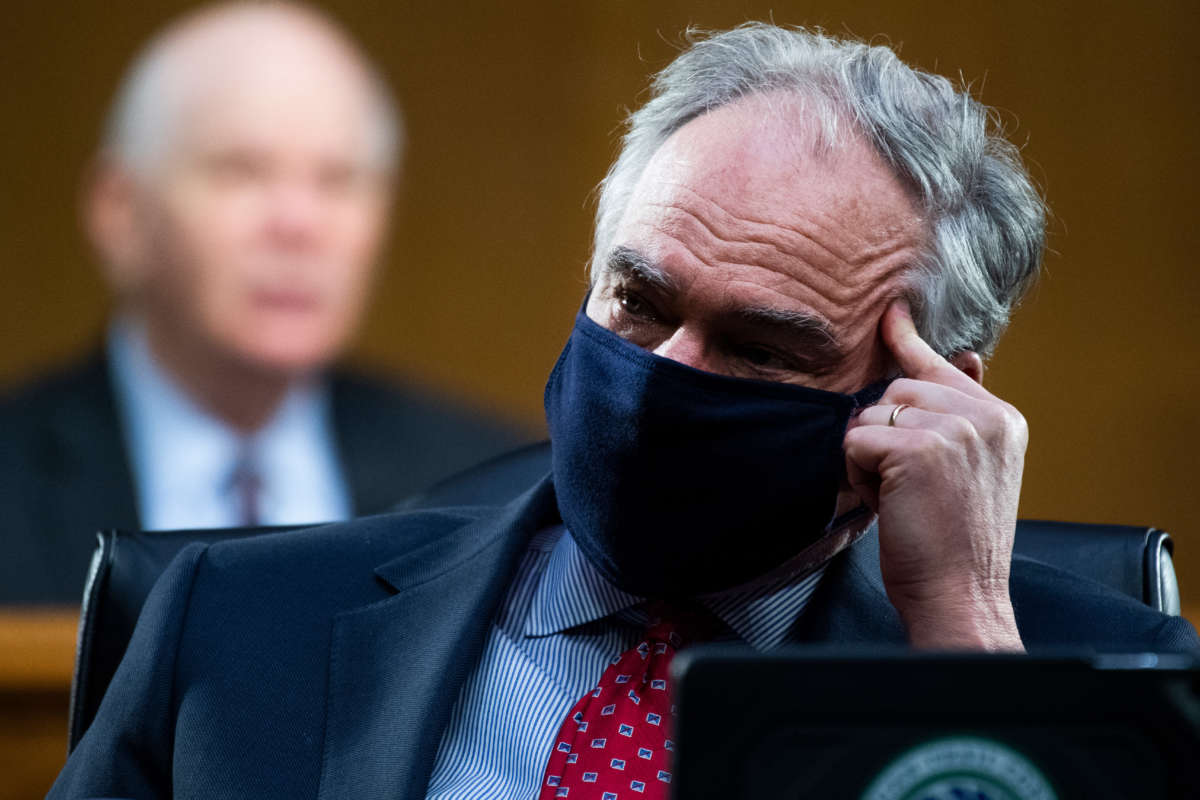 Sen. Tim Kaine attends a Senate Foreign Relations Committee confirmation hearing in Dirksen Building on March 3, 2021.
