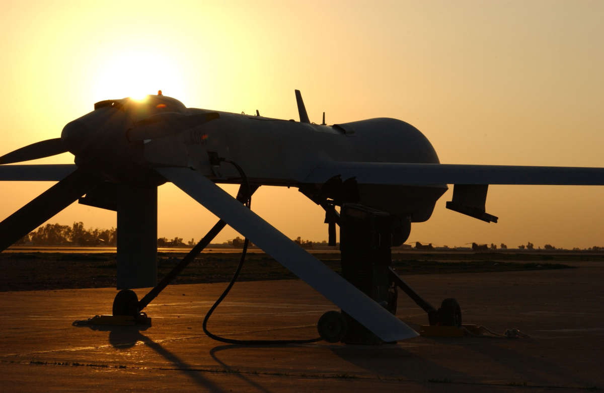 A Predator drone prepares for a nighttime surveillance mission on February 11, 2004, at Balad Air Base in Iraq.