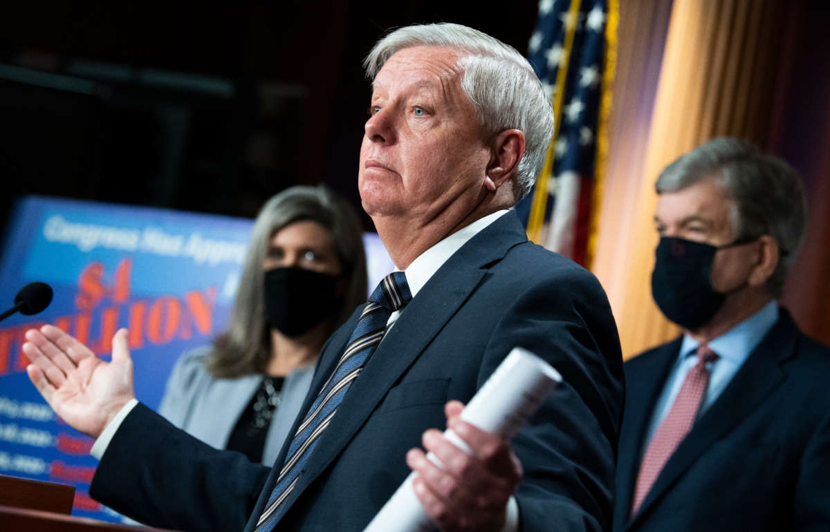 Sen. Lindsey Graham conducts a news conference as the Senate debates the coronavirus relief package on March 5, 2021.