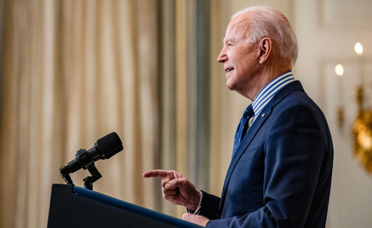 President Biden speaks from the State Dining Room following the passage of the American Rescue Plan in the U.S. Senate at the White House on March 6, 2021, in Washington, D.C.