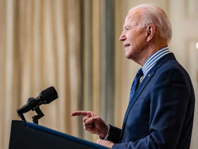 President Biden speaks from the State Dining Room following the passage of the American Rescue Plan in the U.S. Senate at the White House on March 6, 2021, in Washington, D.C.