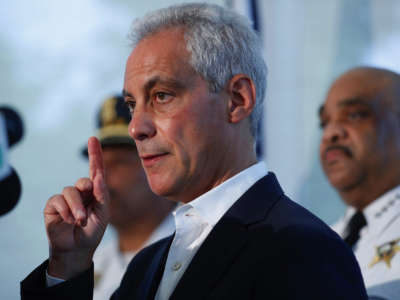 Rahm Emanuel speaks to the media on August 6, 2018, in Chicago, Illinois.