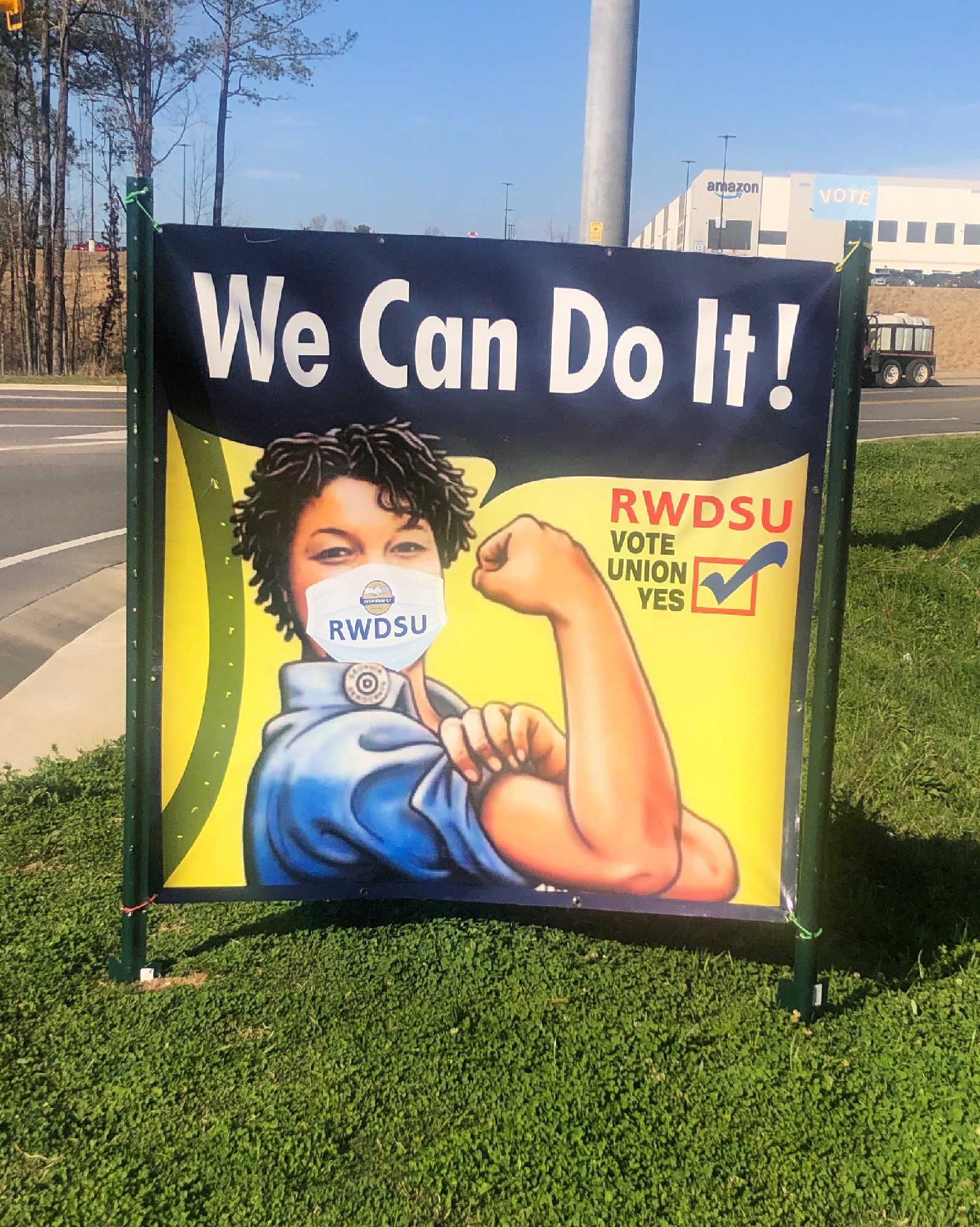 Union election sign outside the entrance to Amazon's warehouse in Bessemer, Alabama on March 10, 2020. 