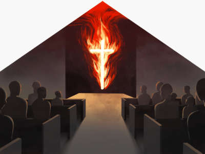 Illustration of cross burning inside church with silhouettes looking on
