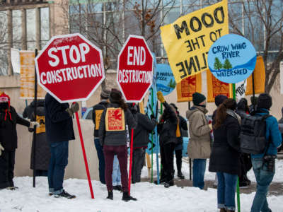 Indigenous groups and opponents of the Enbridge Energy Line 3 oil pipeline replacement project protest its construction across northern Minnesota on January 29, 2021.