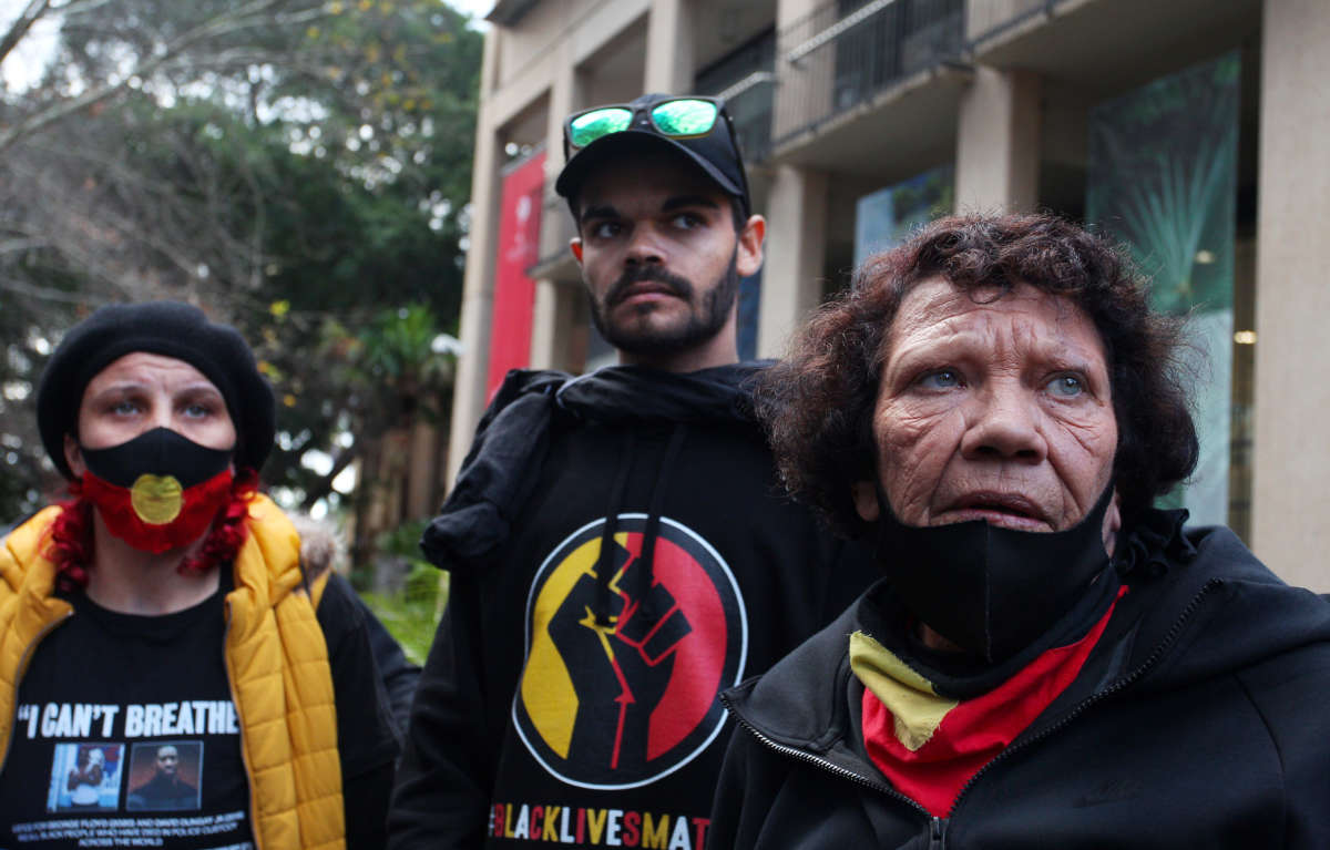 Lizzy Jarret, Paul Silva, Leetona Dungay and family members deliver a petition to NSW Parliament calling for immediate action and the investigation of Aboriginal deaths in custody including the death of David Dungay Jr on July 28, 2020, in Sydney, Australia.