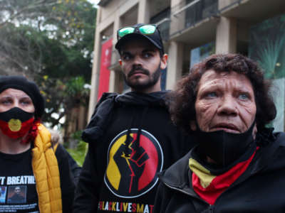 Lizzy Jarret, Paul Silva, Leetona Dungay and family members deliver a petition to NSW Parliament calling for immediate action and the investigation of Aboriginal deaths in custody including the death of David Dungay Jr on July 28, 2020, in Sydney, Australia.