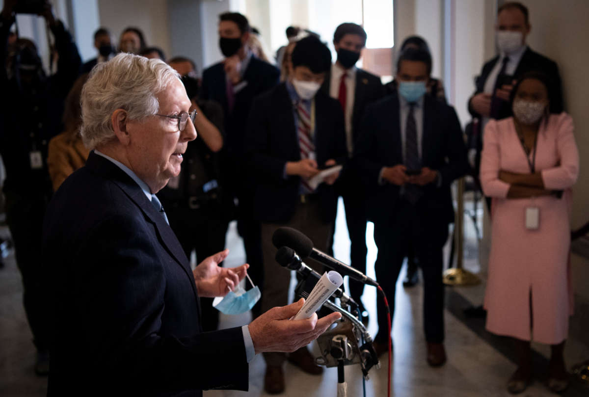 Senate Minority Leader Mitch McConnell speaks during a news conference following the Senate Republican Policy luncheon in Washington. D.C., on March 23, 2021.