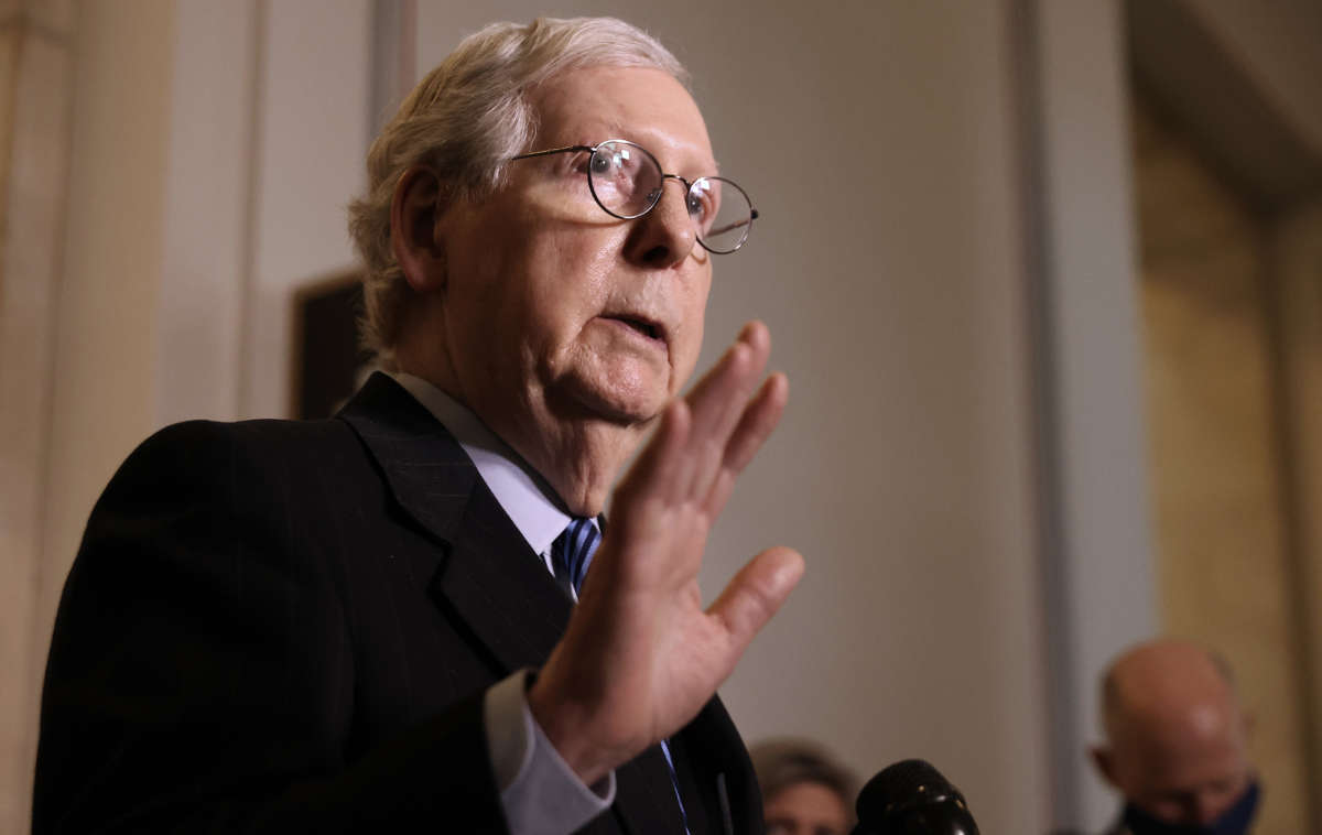 Senate Minority Leader Mitch McConnell talks to reporters in the Russell Senate Office Building on Capitol Hill on March 16, 2021, in Washington, D.C.
