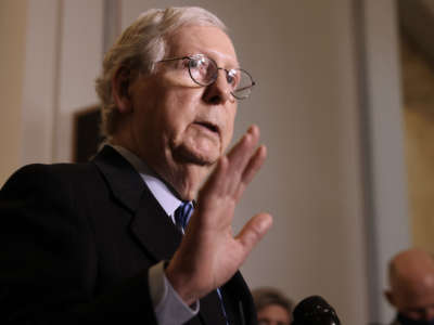 Senate Minority Leader Mitch McConnell talks to reporters in the Russell Senate Office Building on Capitol Hill on March 16, 2021, in Washington, D.C.