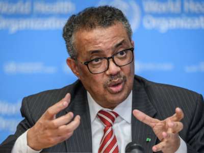 World Health Organization (WHO) Director-General Tedros Adhanom Ghebreyesus talks during a daily press briefing on COVID-19 virus at the WHO headquarters in Geneva, on March 11, 2020.