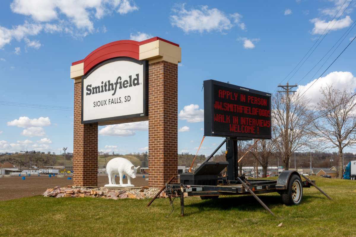 A sign outside the Smithfield Foods pork processing plant in South Dakota, one of the country's largest known Coronavirus clusters, is seen on April 21, 2020, in Sioux Falls, South Dakota.