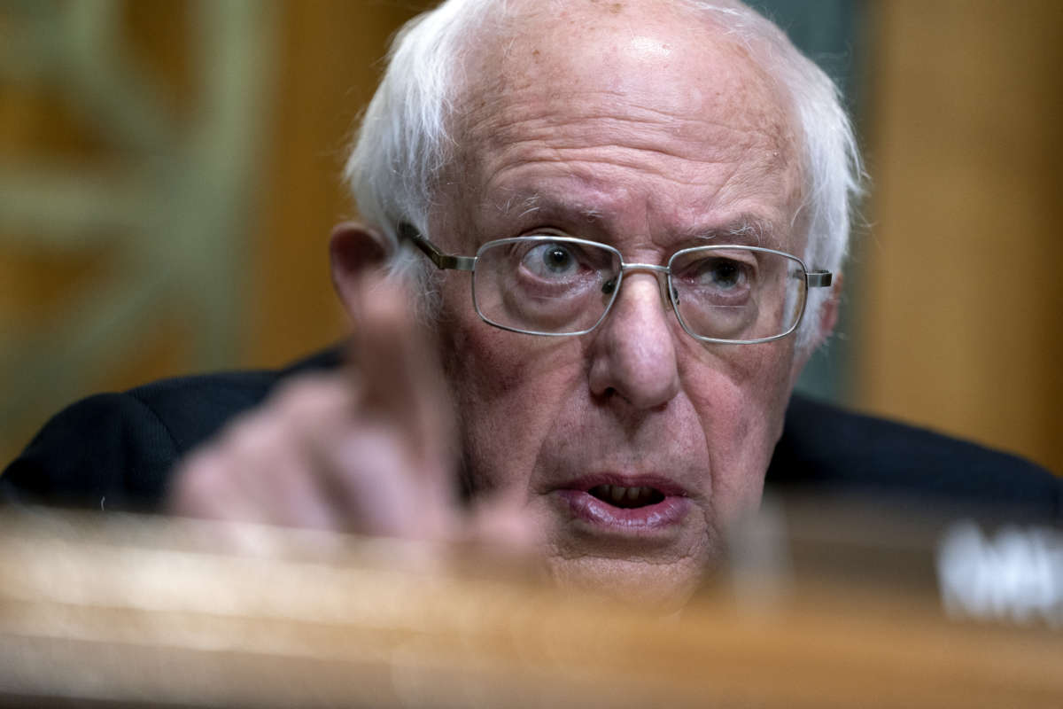 Sen. Bernie Sanders, Chairman of the Budget Committee, speaks during a U.S. Senate Budget Committee hearing regarding wages at large corporations on Capitol Hill, February 25, 2021, in Washington, D.C.