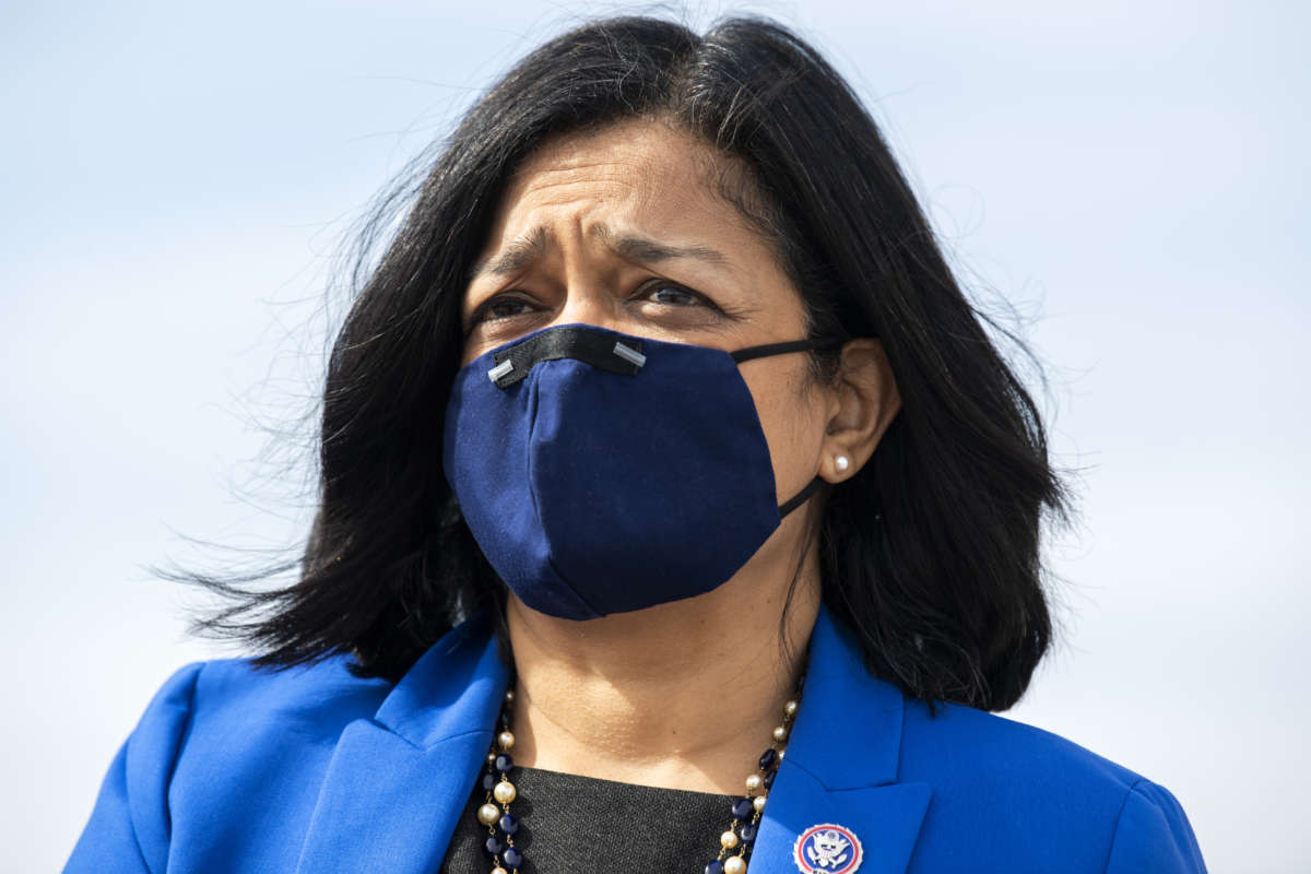 Rep. Pramila Jayapal is seen on the House steps of the Capitol during a vote on the Protecting America's Wilderness and Public Lands Act, on February 26, 2021.