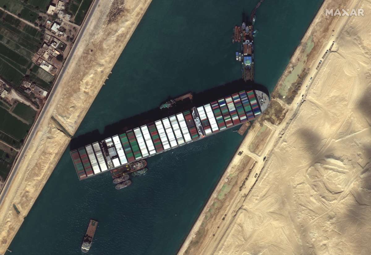 The container ship Ever Given remains stuck in the canal north of the city of Suez, Egypt, on March 27, 2021.