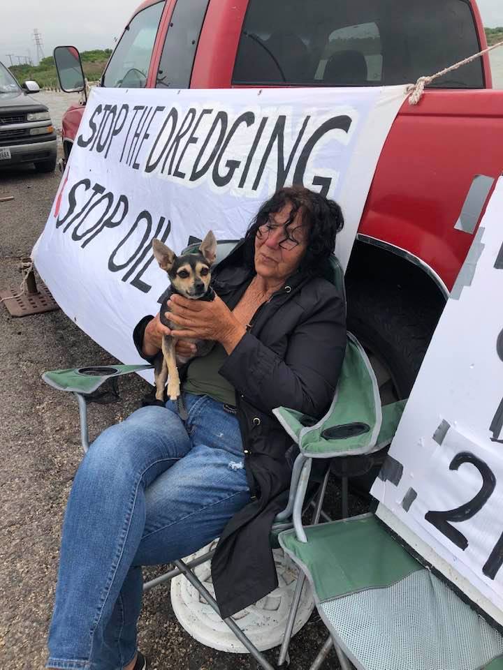 Diane Wilson at her mobile campsite at the causeway of Texas' Lavaca Bay at Point Comfort on April 27, 2021.