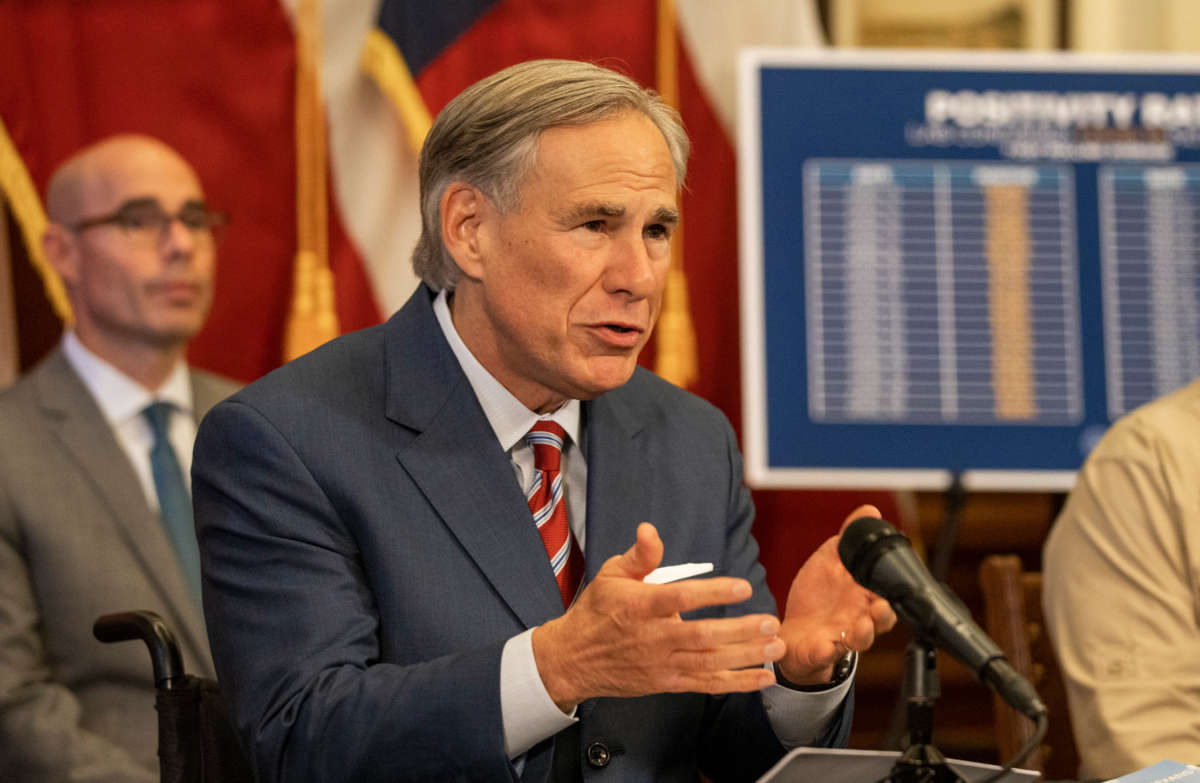 Texas Governor Greg Abbott speaks at a press conference at the Texas State Capitol on May 18, 2020, in Austin, Texas.