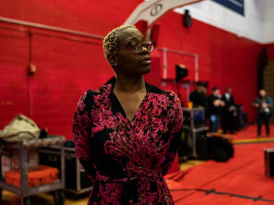 Former Ohio state Sen. Nina Turner waits backstage to be introduced ahead of Sen. Bernie Sanders at a rally at Winston-Salem State University on February 27, 2020, in Winston-Salem, North Carolina.