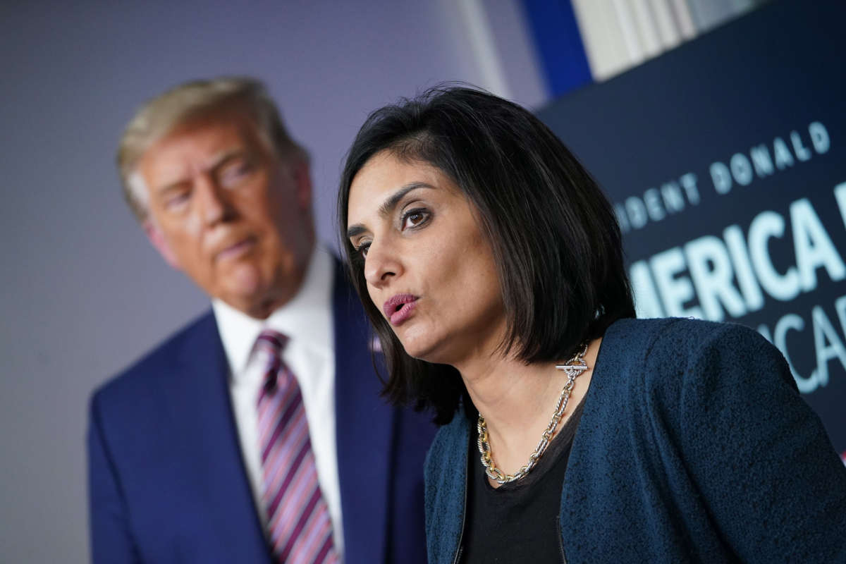 Seema Verma, administrator of the Centers for Medicare and Medicaid Services, speaks as President Trump listens on November 20, 2020, in the Brady Briefing Room of the White House in Washington, D.C.