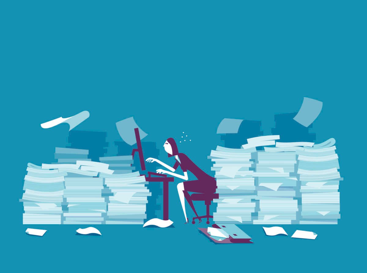 Vector illustration of a woman struggling to complete mountains of paperwork