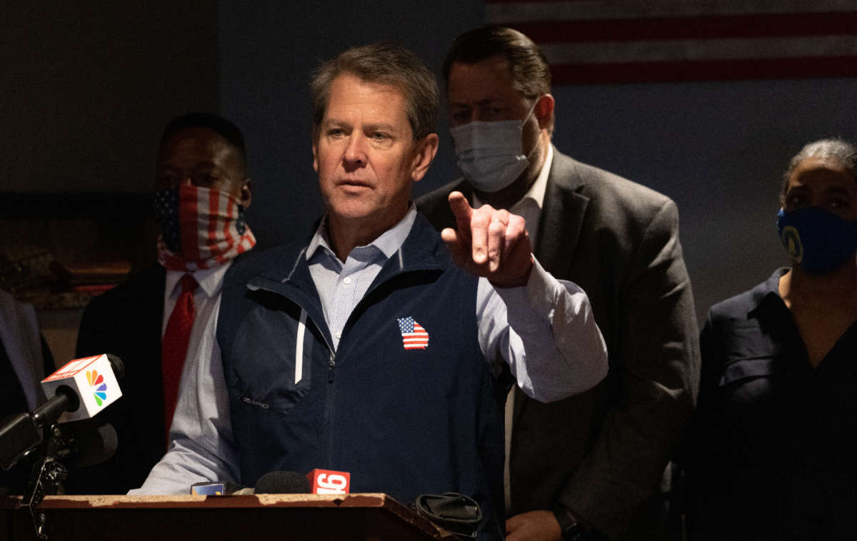 Georgia Gov. Brian Kemp speaks at a news conference about the state's new Election Integrity Law at AJ’s Famous Seafood and Poboys on April 10, 2021, in Marietta, Georgia.