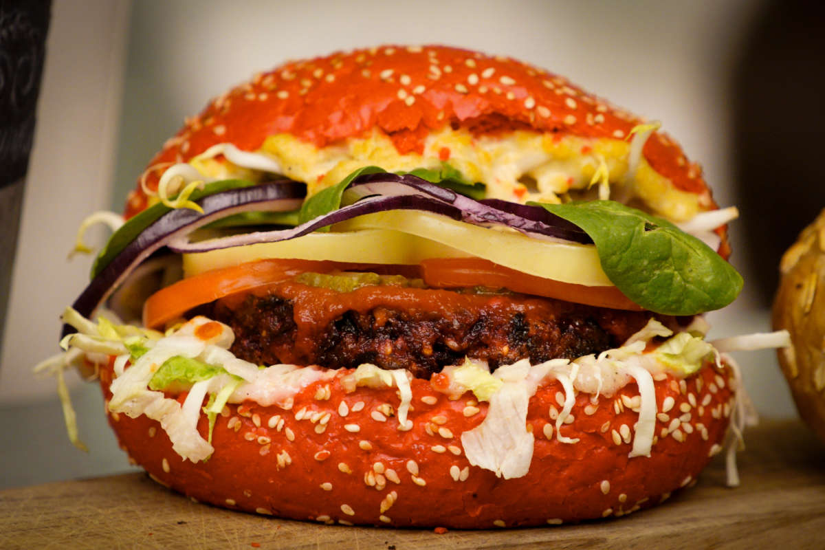 A meatless hamburger is seen on display at the Vegan Food Festival in Warsaw, Poland on October 6, 2019.