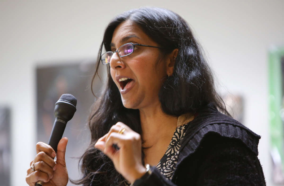Kshama Sawant speaks during a candidate forum on April 28, 2019, at the Washington State Labor Council.