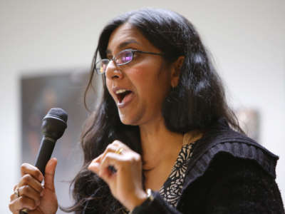 Kshama Sawant speaks during a candidate forum on April 28, 2019, at the Washington State Labor Council.