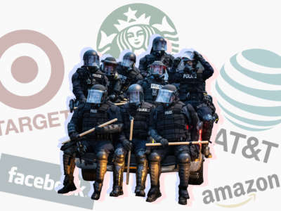 Minneapolis police officers in riot gear overlaid with logos from Target, Starbucks, AT&T, Facebook and Amazon