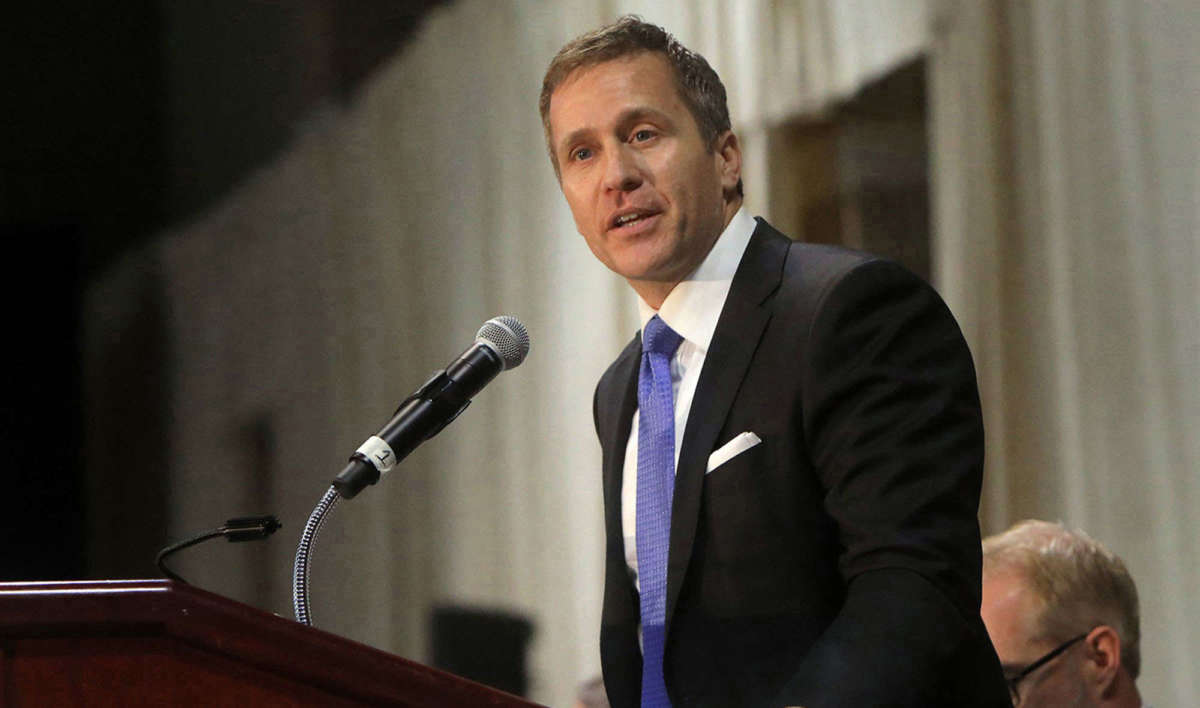 Former Gov. Eric Greitens delivers the keynote address at the St. Louis Area Police Chiefs Association 27th Annual Police Officer Memorial Prayer Breakfast on April 25, 2018, at the St. Charles Convention Center.