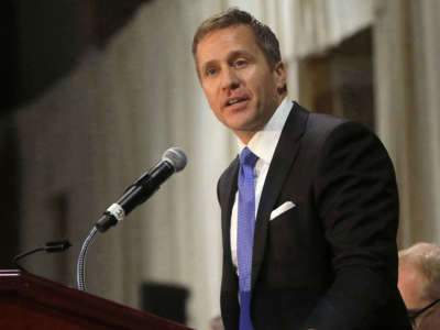 Former Gov. Eric Greitens delivers the keynote address at the St. Louis Area Police Chiefs Association 27th Annual Police Officer Memorial Prayer Breakfast on April 25, 2018, at the St. Charles Convention Center.