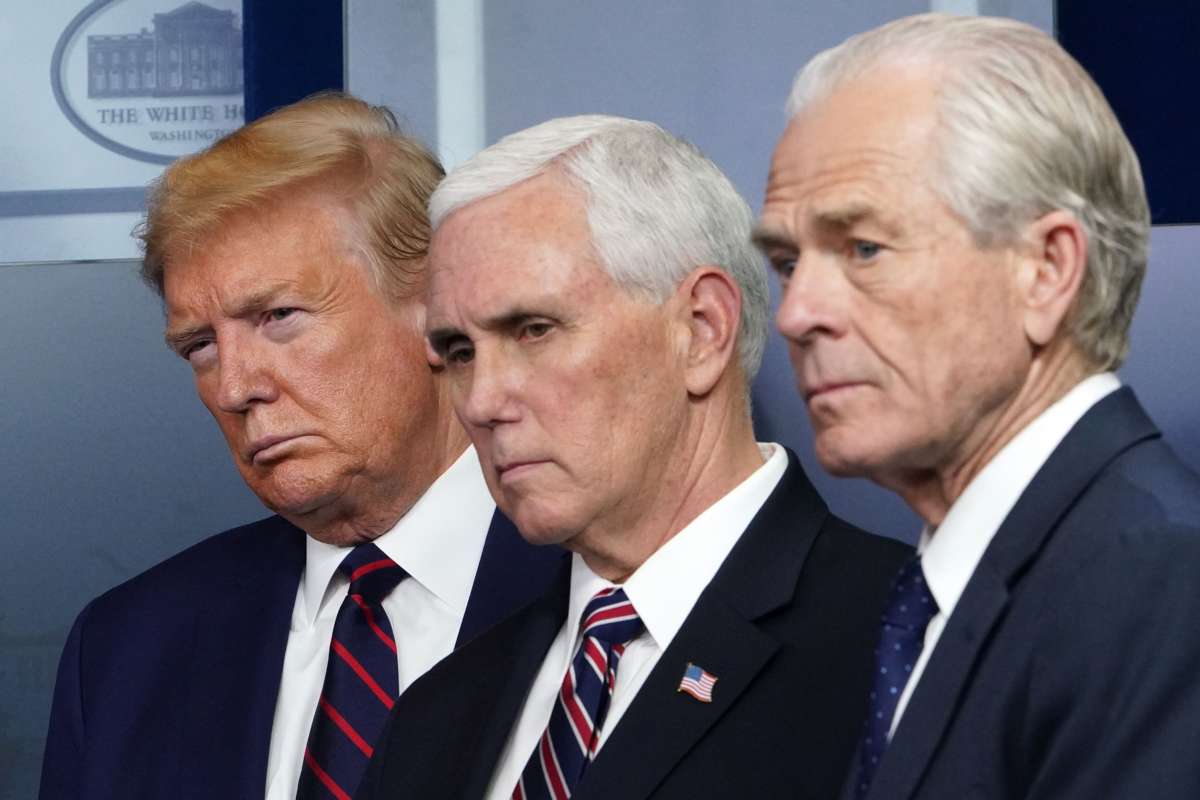 Former President Donald Trump, former Vice President Mike Pence and former Director of Trade and Manufacturing Policy Peter Navarro look on during the daily briefing on COVID-19 in the Brady Briefing Room at the White House on April 2, 2020, in Washington, D.C.