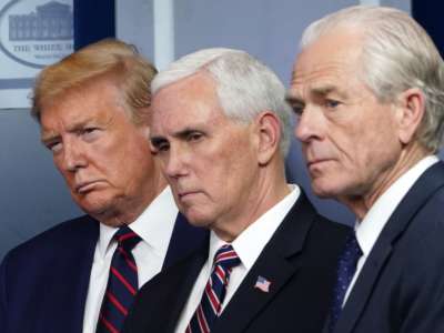 Former President Donald Trump, former Vice President Mike Pence and former Director of Trade and Manufacturing Policy Peter Navarro look on during the daily briefing on COVID-19 in the Brady Briefing Room at the White House on April 2, 2020, in Washington, D.C.