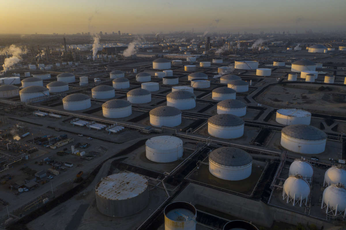 An aerial view shows Marathon Petroleum Corp's Los Angeles Refinery, the state's largest producer of gasoline, as oil prices have cratered with the spread of the coronavirus pandemic on April 22, 2020, in Carson, California.