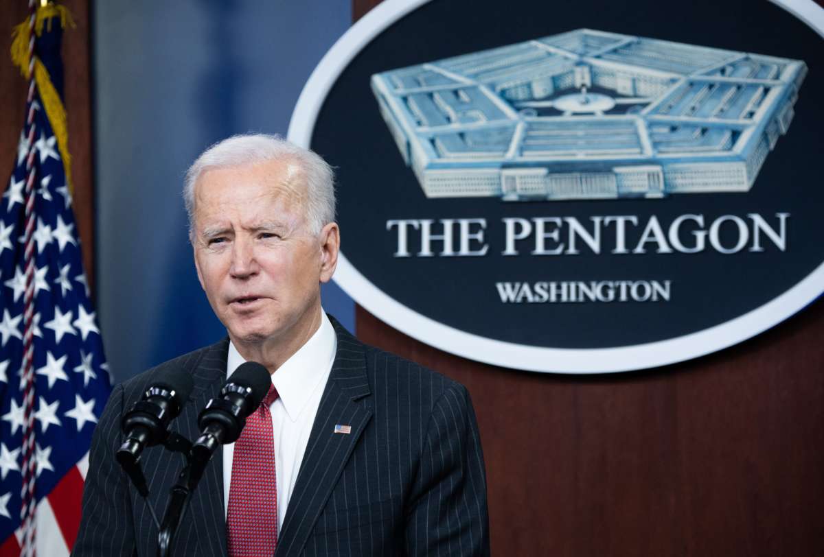 President Joe Biden speaks during a visit to the Pentagon in Washington, D.C., February 10, 2021.