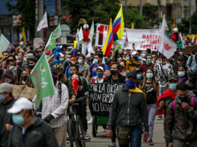 Protesters are seen during the national strike against the tax reform as they gather on the International Workers' Day on May 1, 2021, Bogota, Colombia.