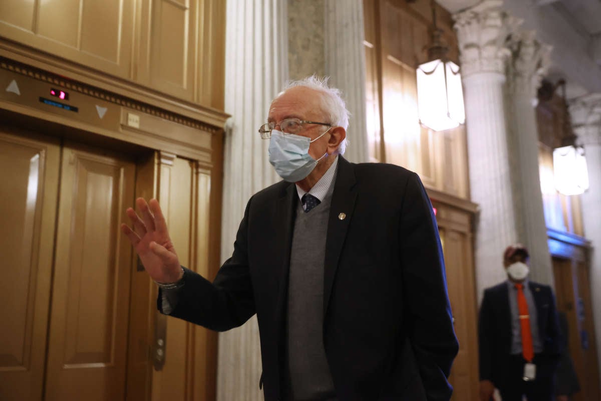 Sen. Bernie Sanders heads for the Senate Chamber to vote on the confirmation of Denis McDonough at the U.S. Capitol on February 8, 2021 in Washington, D.C.